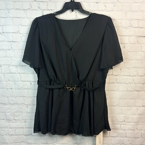 BloomChic Black Flutter Sleeve Wrap Peplum Blouse Plus Size 3X - Picture 2 of 7